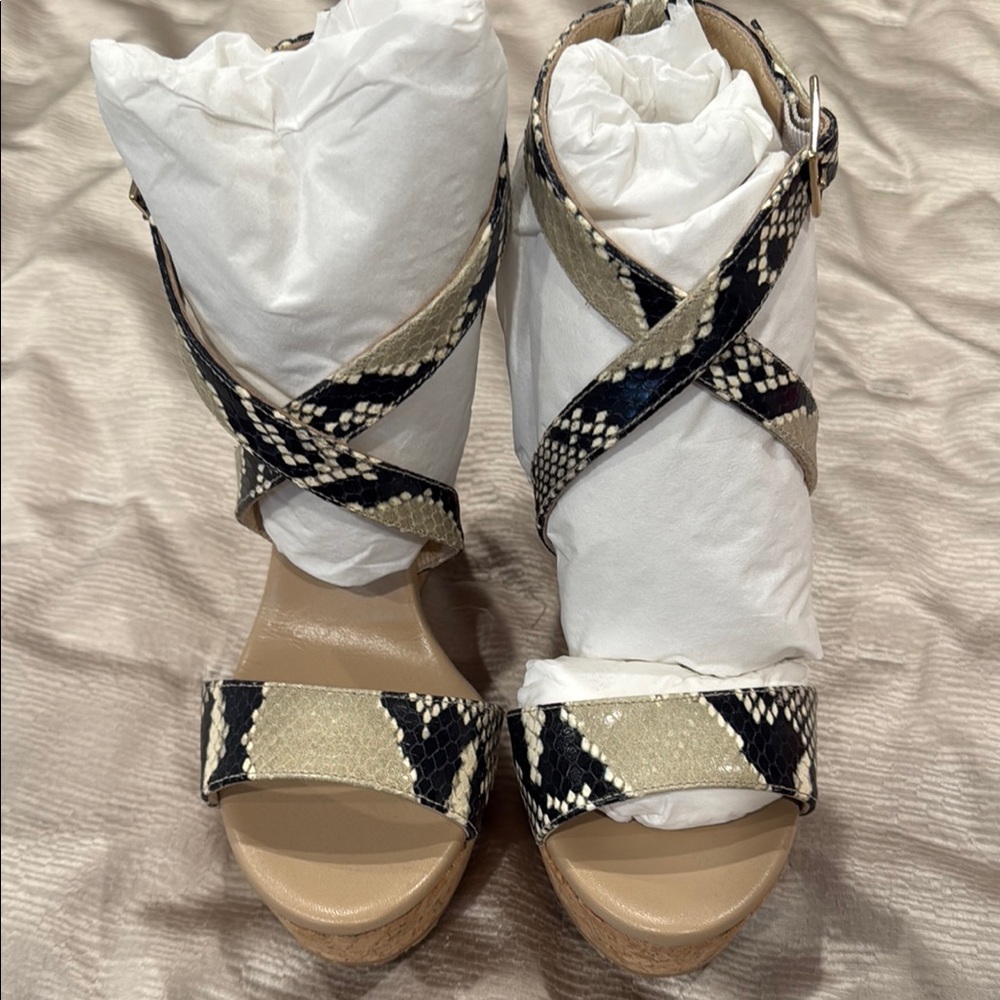 Jimmy Choo Black and Cream Wedge Sandals